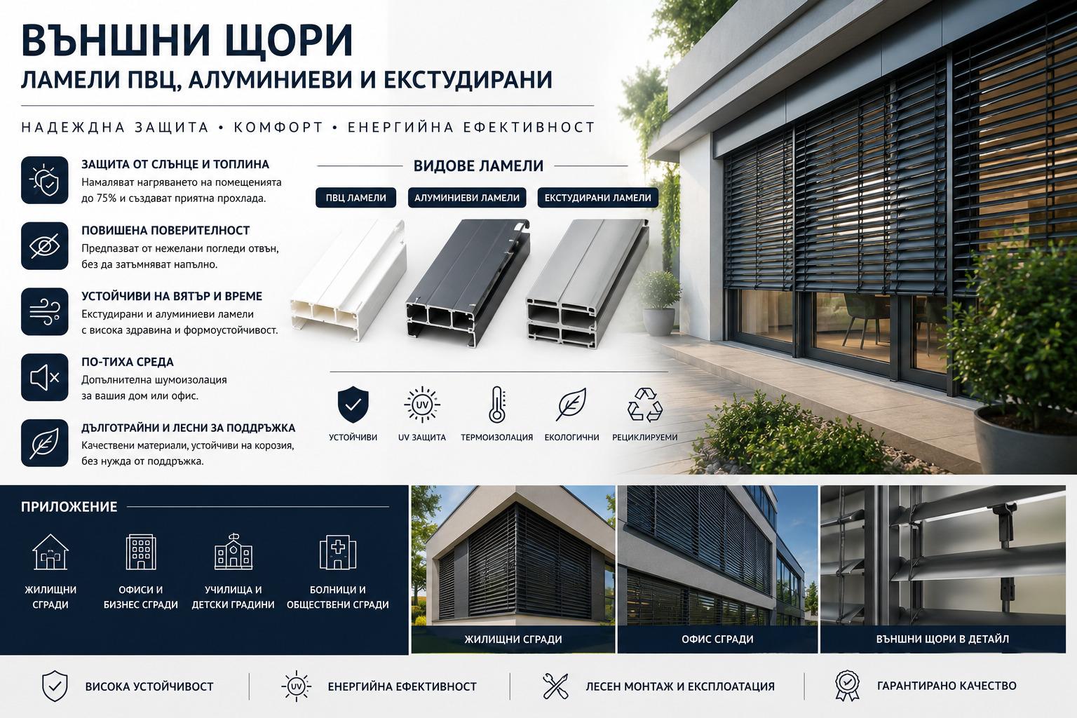 Сравнение на ламели за външни щори — PVC, алуминий с пяна и екструдирани