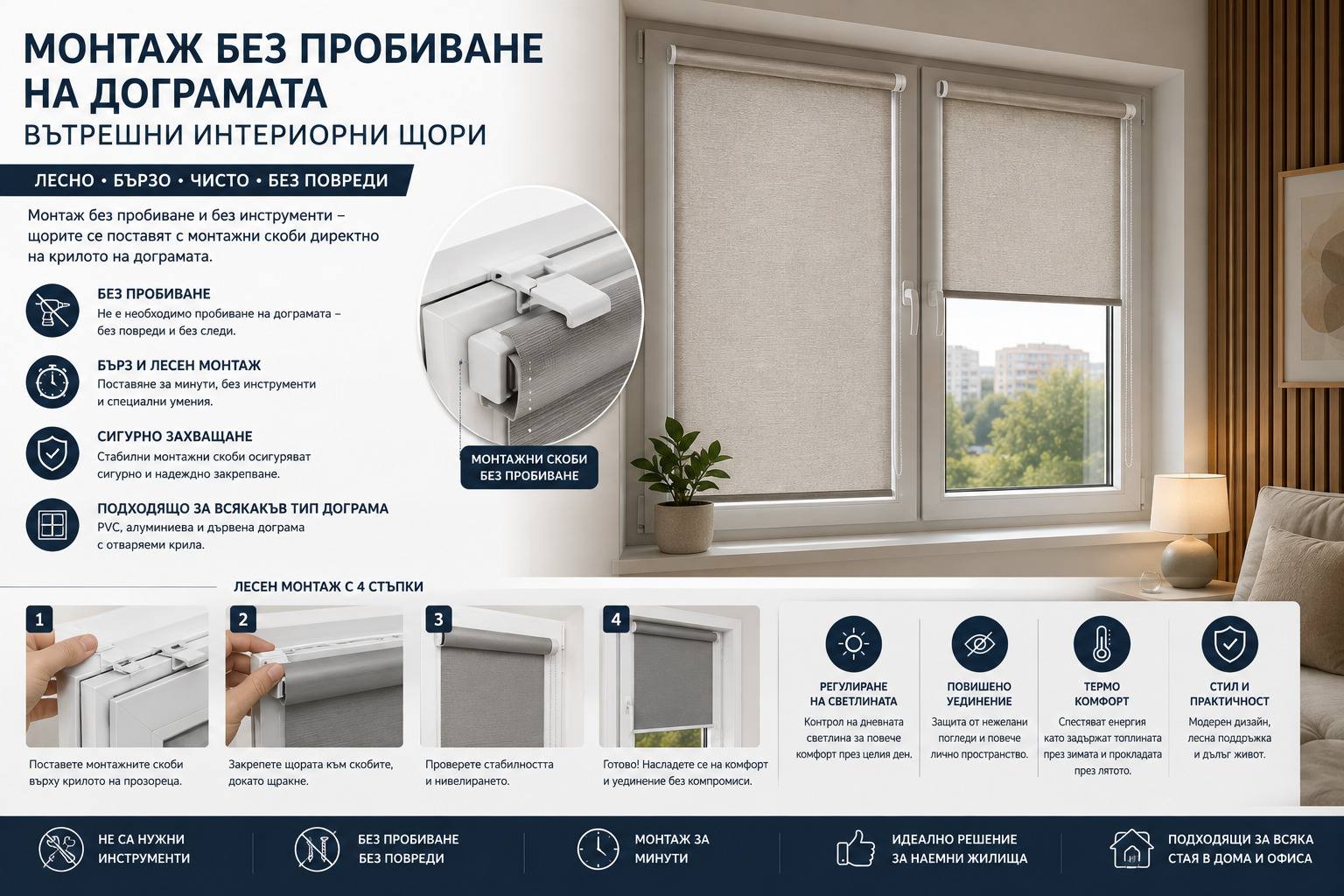 Монтаж на вътрешна щора с щипки върху крилото, без пробиване на дограмата