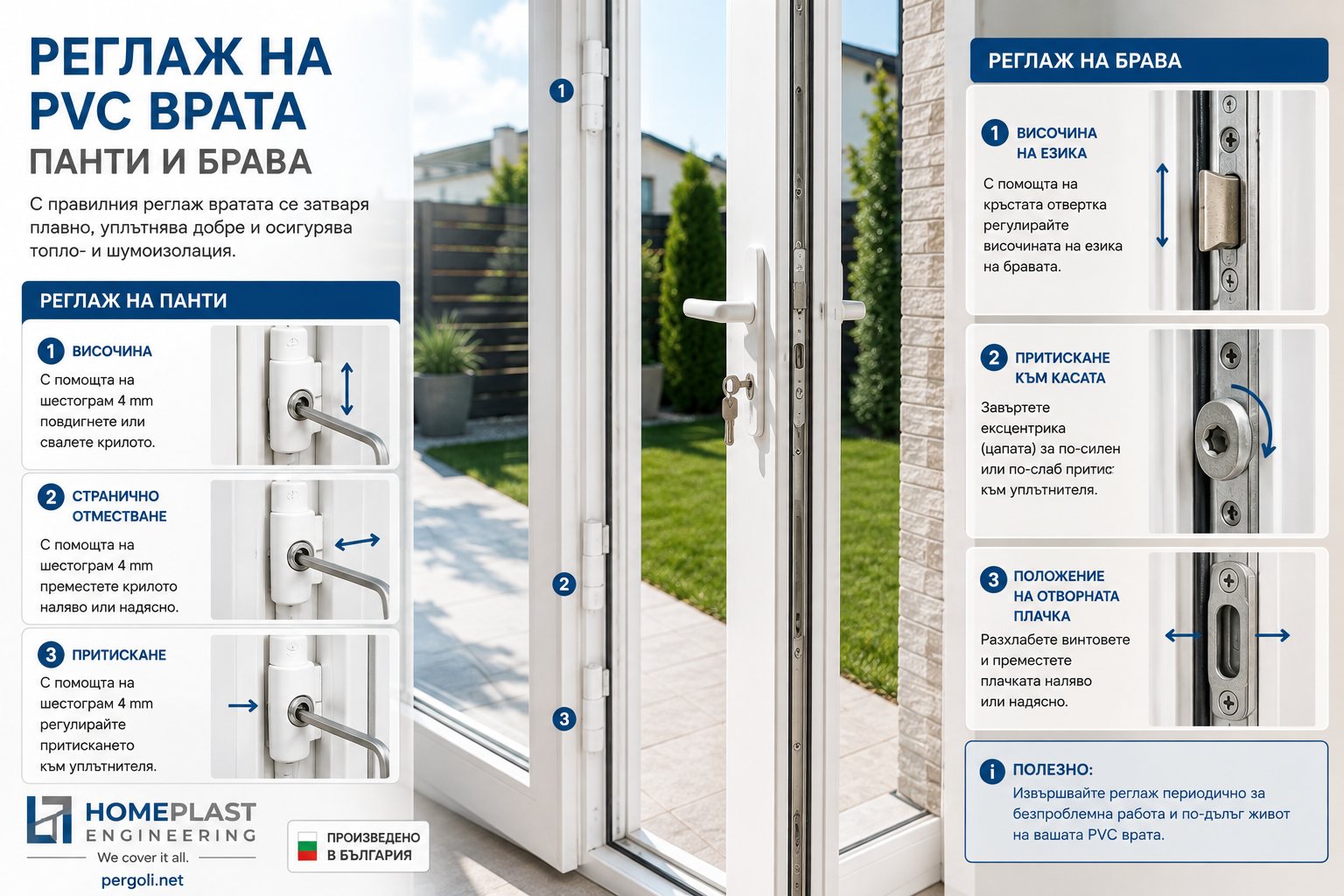 Регулиране на панти и многоточкова брава на PVC врата към тераса