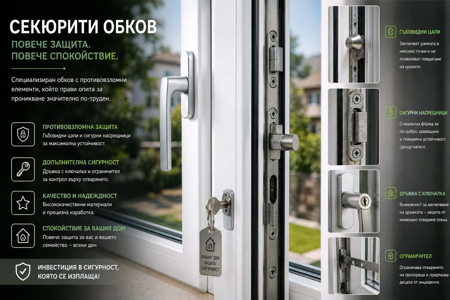 Дръжка с ключалка и секюрити обков на PVC прозорец