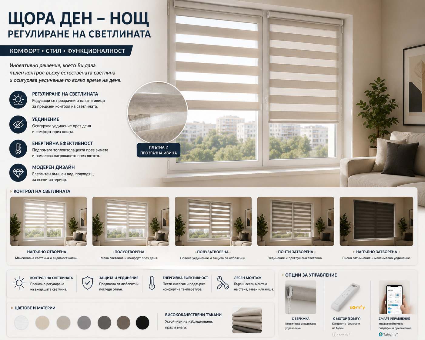 Ден-нощ щора с редуващи се ивици, регулираща светлината в хол