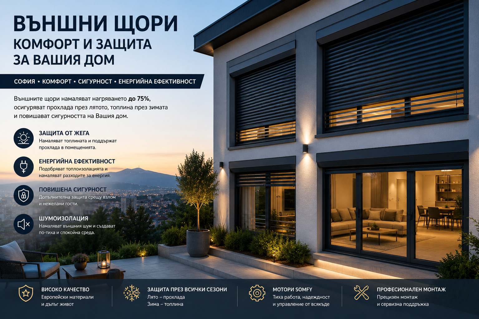 Фасада със спуснати външни алуминиеви щори в София
