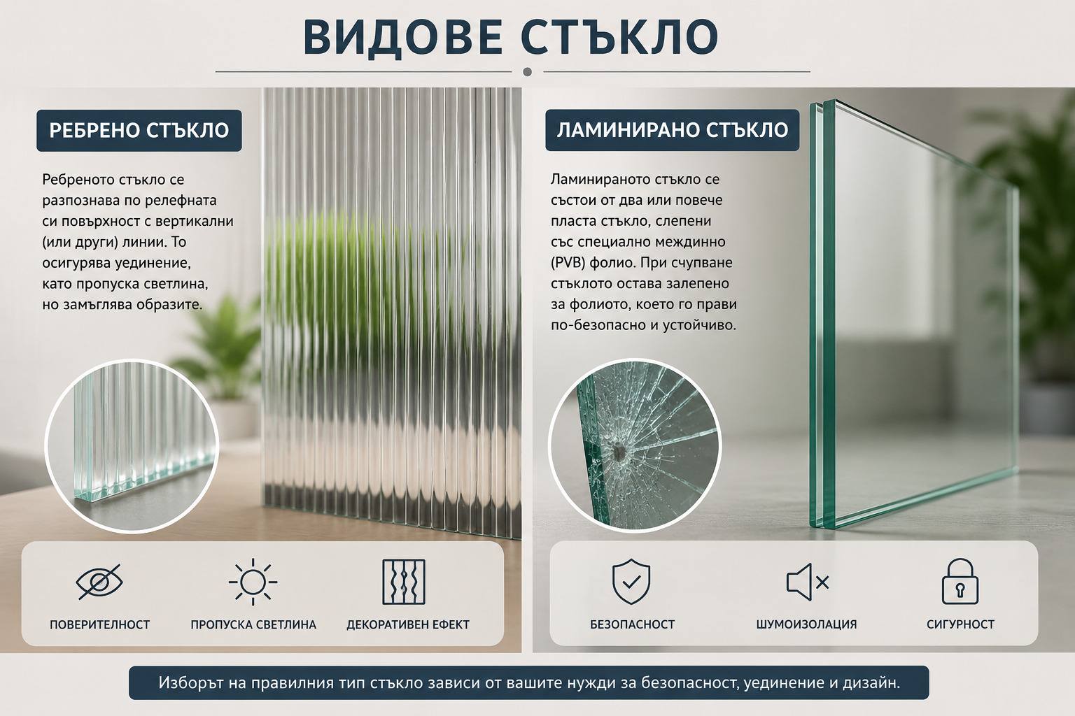 Видове стъкло за прегради — прозрачно, ребрено и ламинирано