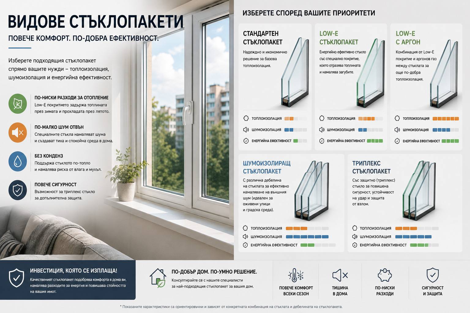Видове стъклопакети — стандартен, low-E и шумоизолационен в разрез